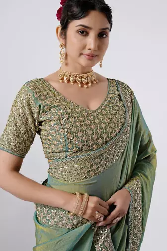 Celebrity type firozi heavy sequin border saree with unstitched blouse