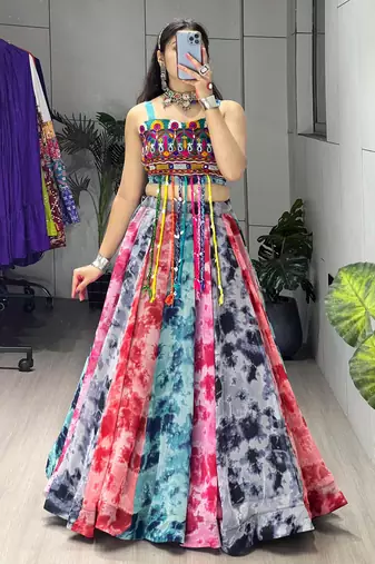 multicolor faux georgette printed traditional lehenga choli with free size upto 44