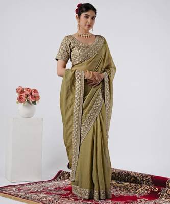 Floral olive heavy sequin border saree with unstitched blouse 1