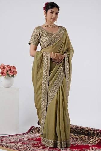Floral olive heavy sequin border saree with unstitched blouse