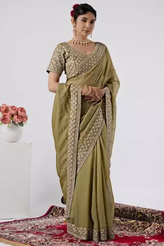Floral olive heavy sequin border saree with unstitched blouse