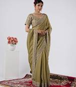 Floral olive heavy sequin border saree with unstitched blouse
