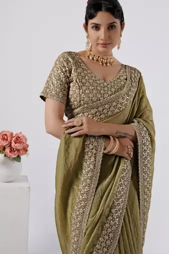 Floral olive heavy sequin border saree with unstitched blouse
