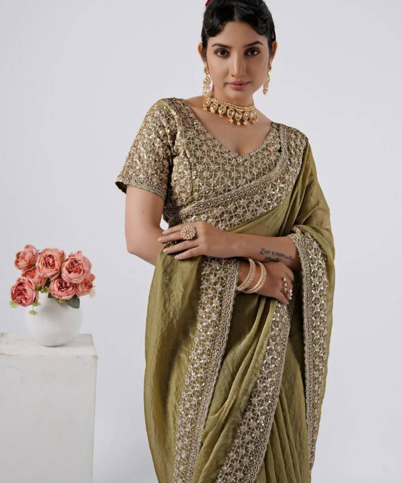 Floral olive heavy sequin border saree with unstitched blouse