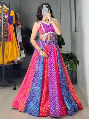 multicolor silk blend printed traditional lehenga choli with free size upto 44 1