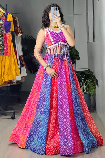 multicolor silk blend printed traditional lehenga choli with free size upto 44