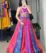 multicolor silk blend printed traditional lehenga choli with free size upto 44