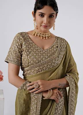 Floral olive heavy sequin border saree with unstitched blouse 3