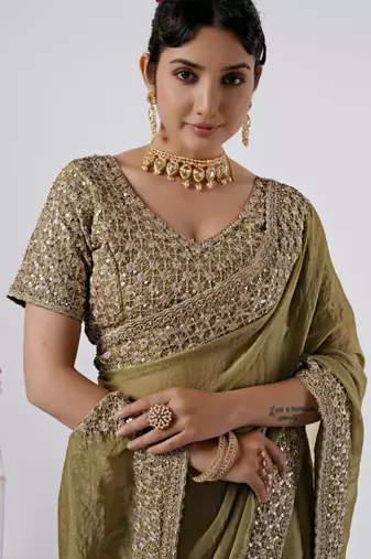 Floral olive heavy sequin border saree with unstitched blouse