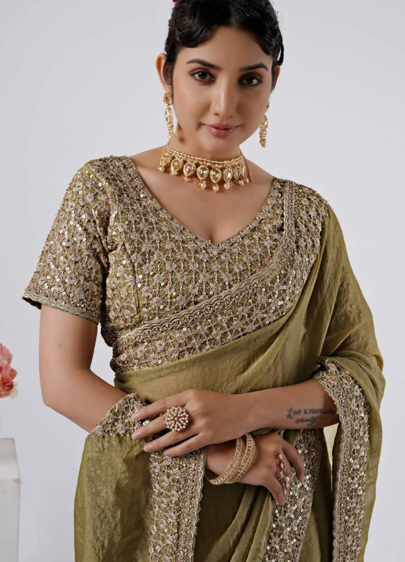 Floral olive heavy sequin border saree with unstitched blouse