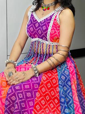 multicolor silk blend printed traditional lehenga choli with free size upto 44 2