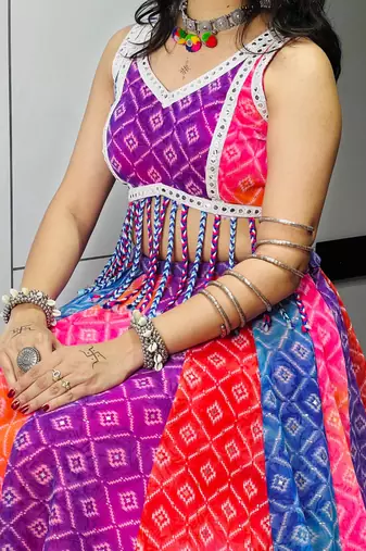 multicolor silk blend printed traditional lehenga choli with free size upto 44