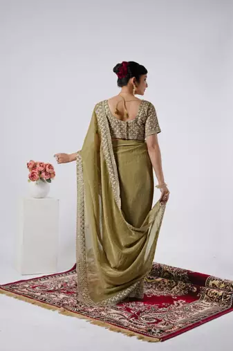 Floral olive heavy sequin border saree with unstitched blouse