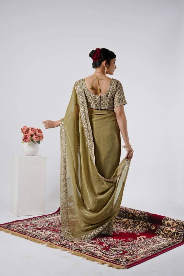 Floral olive heavy sequin border saree with unstitched blouse