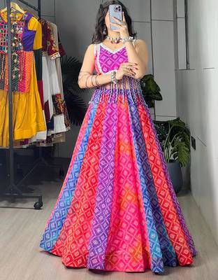 multicolor silk blend printed traditional lehenga choli with free size upto 44 3