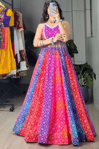multicolor silk blend printed traditional lehenga choli with free size upto 44