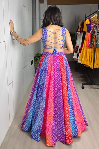 multicolor silk blend printed traditional lehenga choli with free size upto 44