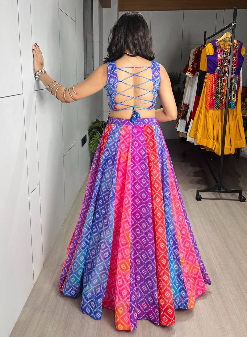 multicolor silk blend printed traditional lehenga choli with free size upto 44
