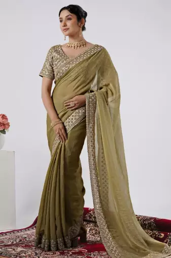 Floral olive heavy sequin border saree with unstitched blouse