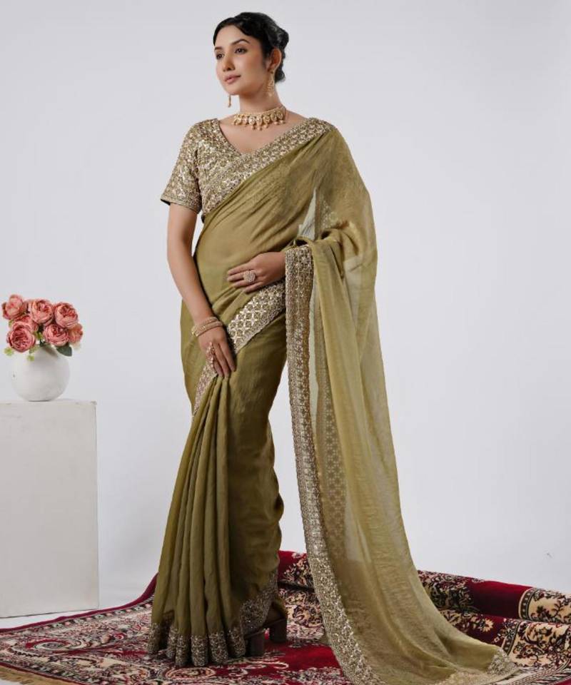 Floral olive heavy sequin border saree with unstitched blouse