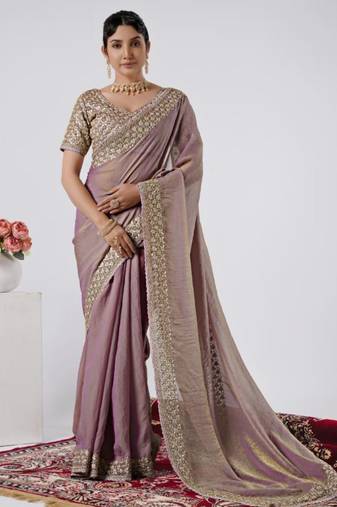 Embellished onion heavy sequin border saree with unstitched blouse