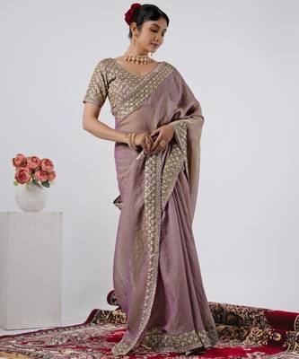 Embellished onion heavy sequin border saree with unstitched blouse 2