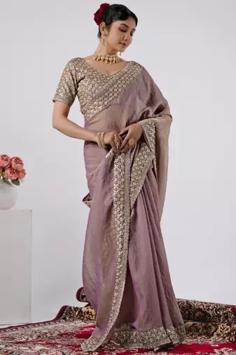 Embellished onion heavy sequin border saree with unstitched blouse