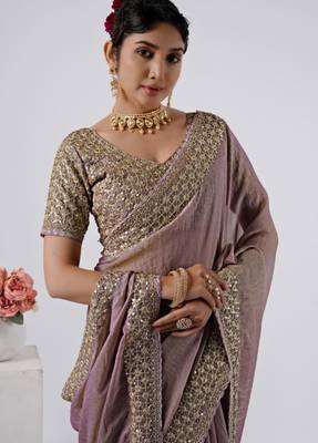 Embellished onion heavy sequin border saree with unstitched blouse 3