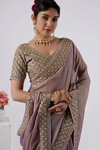 Embellished onion heavy sequin border saree with unstitched blouse