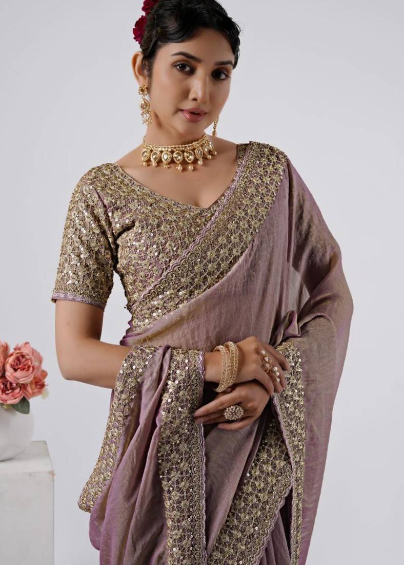 Embellished onion heavy sequin border saree with unstitched blouse