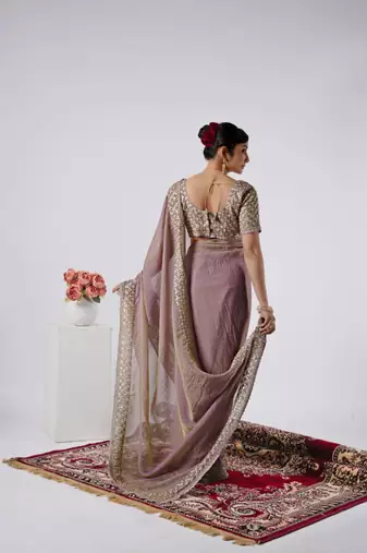 Embellished onion heavy sequin border saree with unstitched blouse