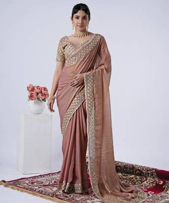 Ethnic peach heavy sequin border saree with unstitched blouse 1
