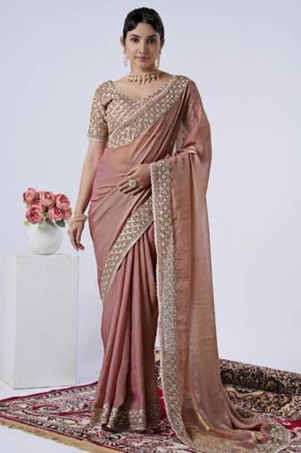 Ethnic peach heavy sequin border saree with unstitched blouse
