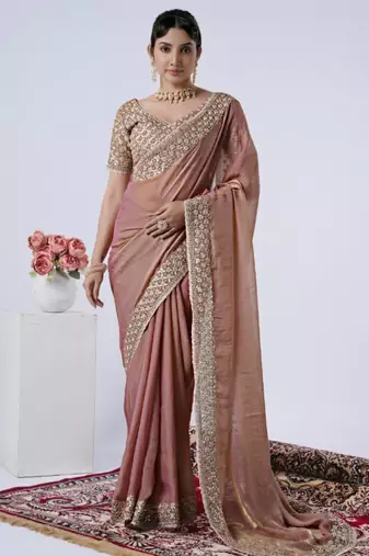 Ethnic peach heavy sequin border saree with unstitched blouse