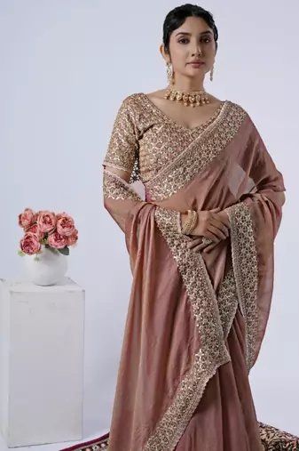 Ethnic peach heavy sequin border saree with unstitched blouse