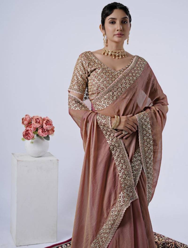 Ethnic peach heavy sequin border saree with unstitched blouse