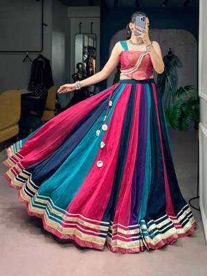multicolor chinon printed traditional lehenga choli with free size upto 42 1