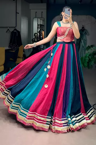 multicolor chinon printed traditional lehenga choli with free size upto 42