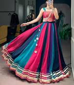 multicolor chinon printed traditional lehenga choli with free size upto 42