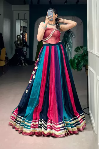 multicolor chinon printed traditional lehenga choli with free size upto 42