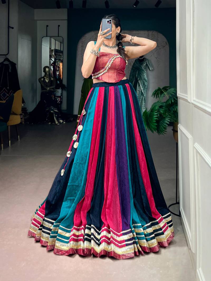 multicolor chinon printed traditional lehenga choli with free size upto 42