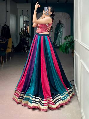 multicolor chinon printed traditional lehenga choli with free size upto 42 3