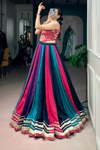 multicolor chinon printed traditional lehenga choli with free size upto 42
