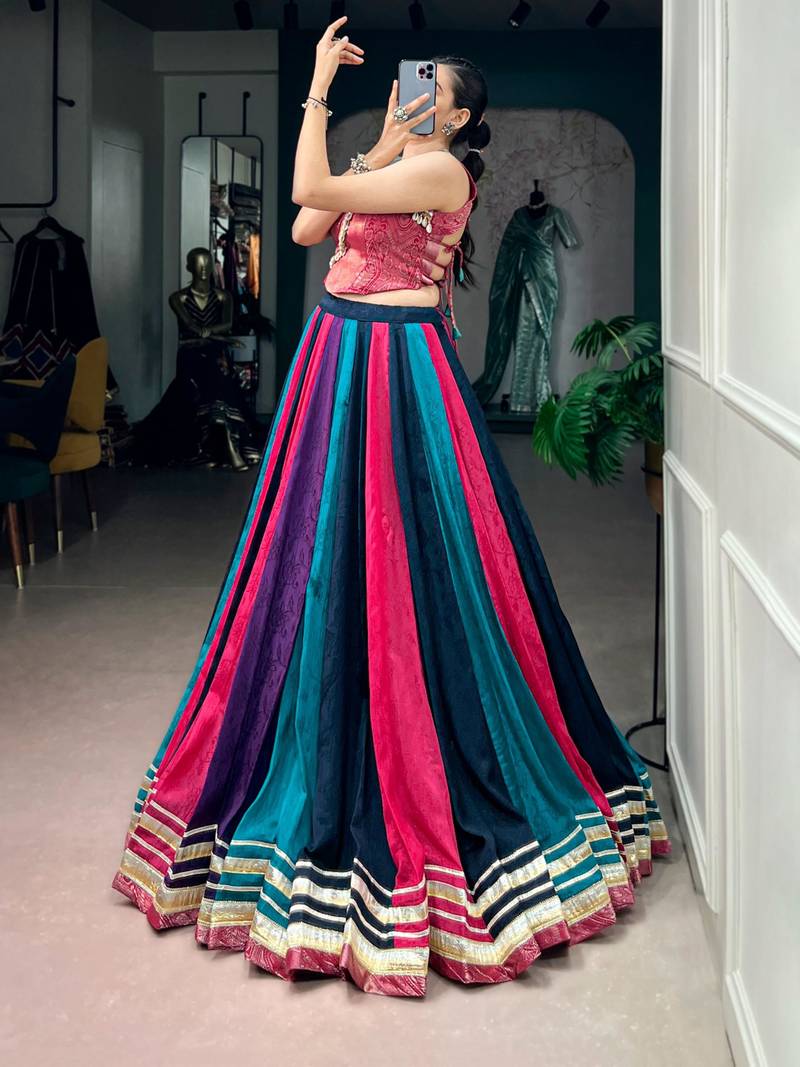 multicolor chinon printed traditional lehenga choli with free size upto 42