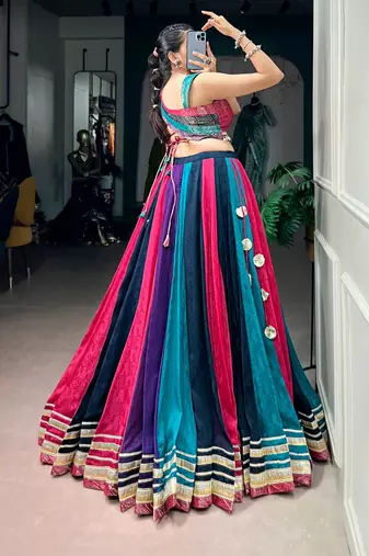 multicolor chinon printed traditional lehenga choli with free size upto 42