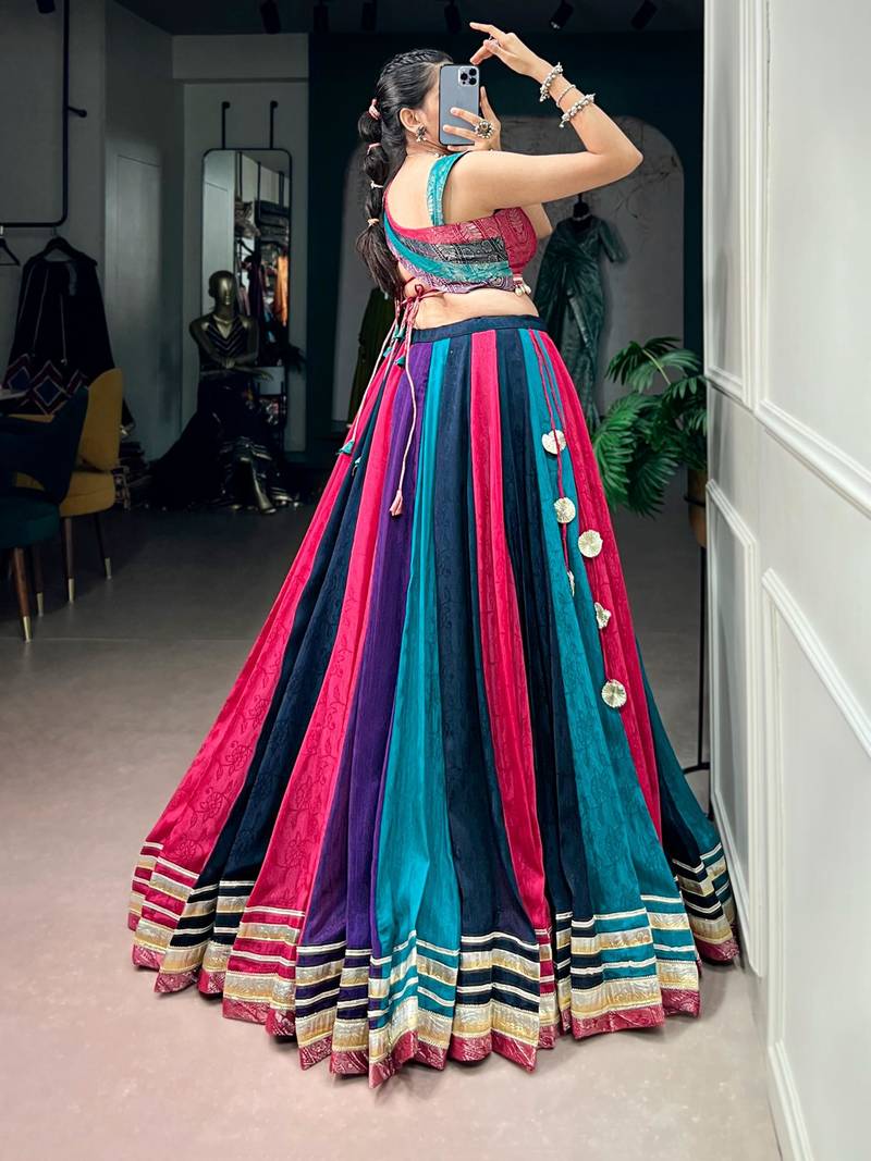 multicolor chinon printed traditional lehenga choli with free size upto 42