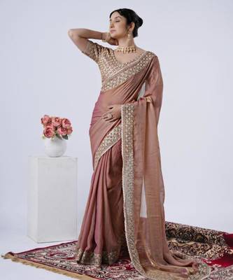 Ethnic peach heavy sequin border saree with unstitched blouse 4