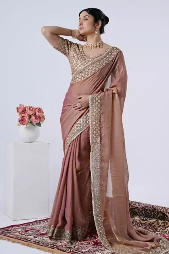 Ethnic peach heavy sequin border saree with unstitched blouse