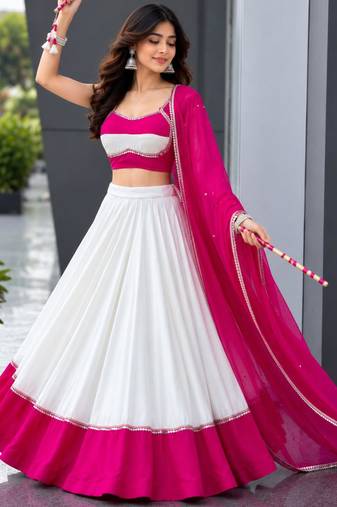 white cotton silk plain traditional lehenga choli with free size upto 42