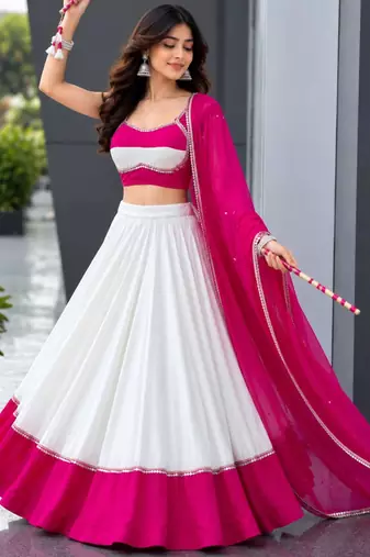 white cotton silk plain traditional lehenga choli with free size upto 42